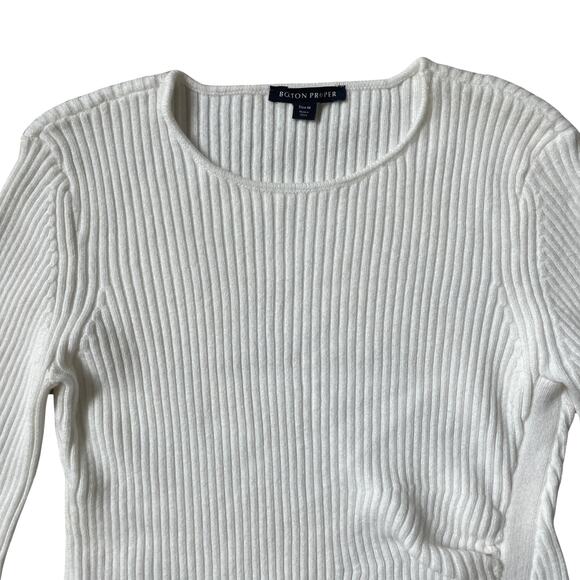 Boston Proper M Side Slit Ruched Sweater | Tunic Flare Sleeves Ribbed, Off-White - Picture 6 of 9